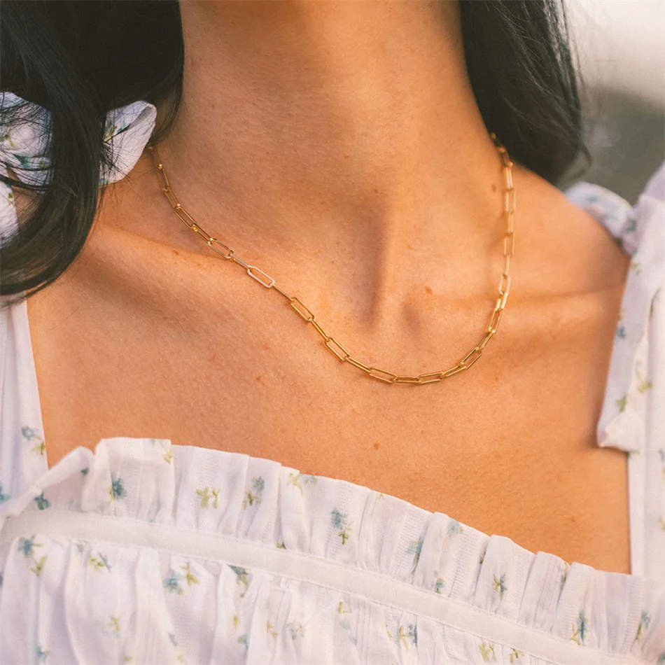10PCS 2024 Hot Fashion Paperclip Link Chain Women Necklace Stainless Steel Gold Color Chain Necklace for Women Men Jewelry Gift