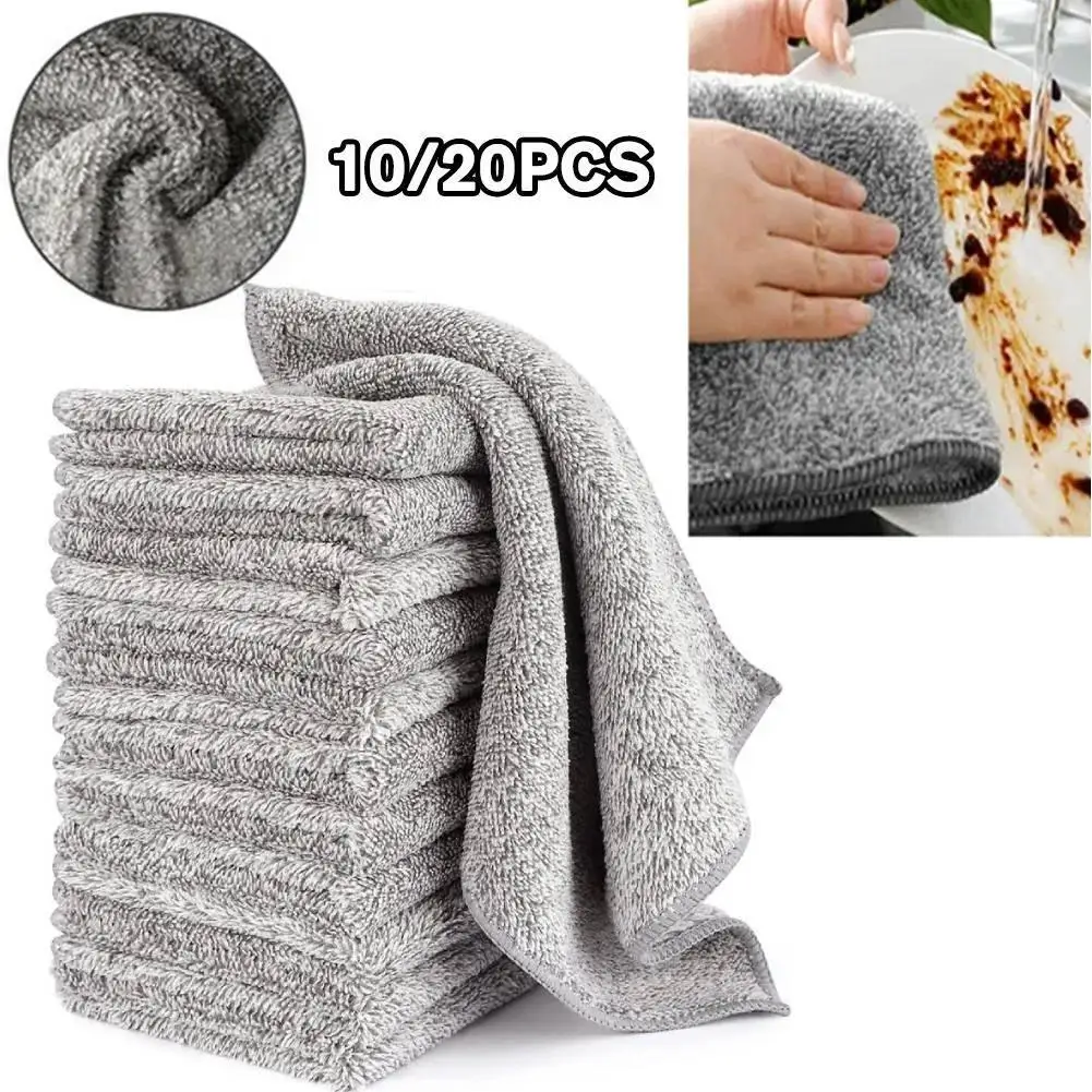 10/20pcs Gray Bamboo Charcoal Thickened Super Absorbent Dishcloth Anti-grease Kitchen Wiping Rags Microfiber Cleaning Cloths