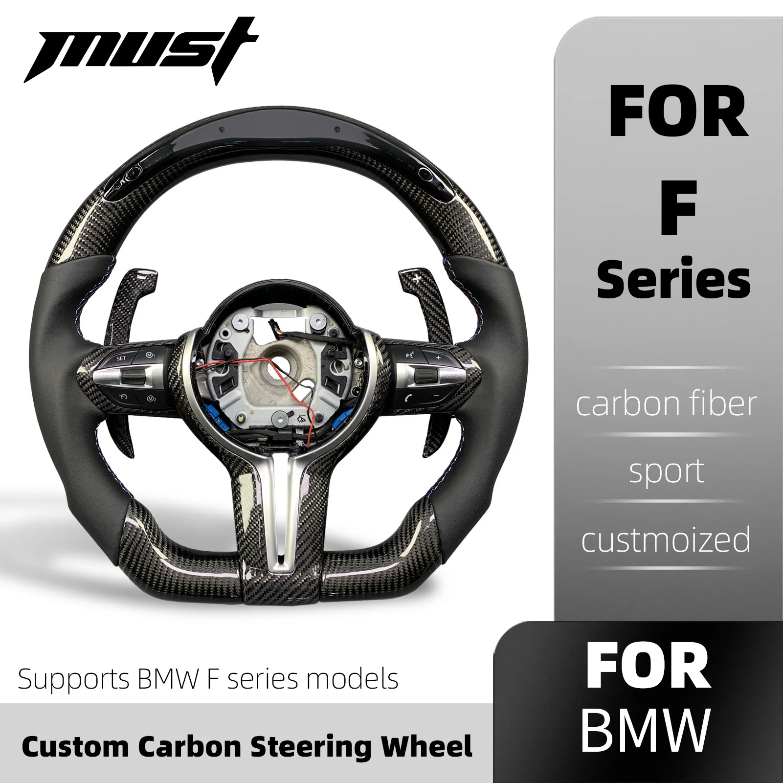 Customized Steering Wheel for BMW Series 3 Series 5 F10 F30 F11 F15 F16 Twill Carbon Fiber Upgrade LED Rpm Display