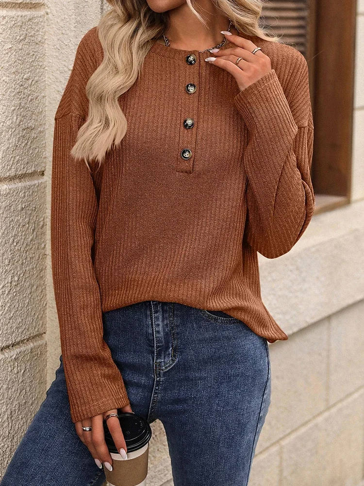 Women Autumn Winter Pit Strip Half Cardigan Button Long Sleeve T-shirts Solid Color Elegant Office Lady T-shirts Casual Tops