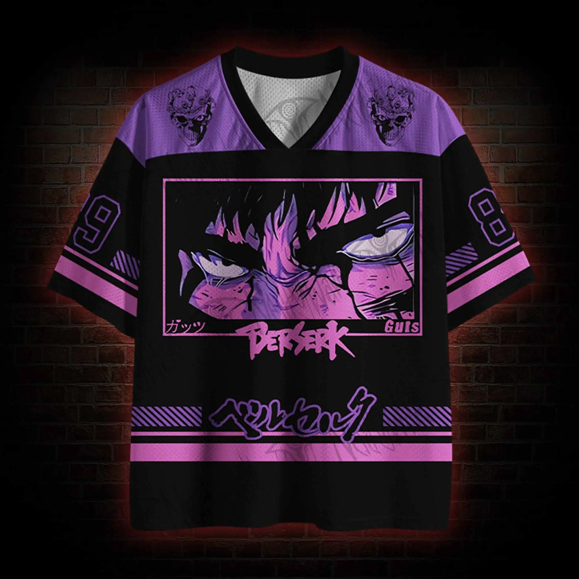 Purple Black Anime Eye Graphic 3D Print V-Neck Mesh Sports Jersey Quick Dry Breathable Unisex Loose Short Sleeve Athletic Top