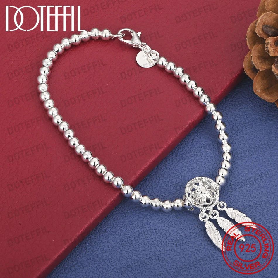 925 Sterling Silver 8-inch Exquisite Dreamcatcher Feather Bracelet for Women - Fashion Party Gift Accessories