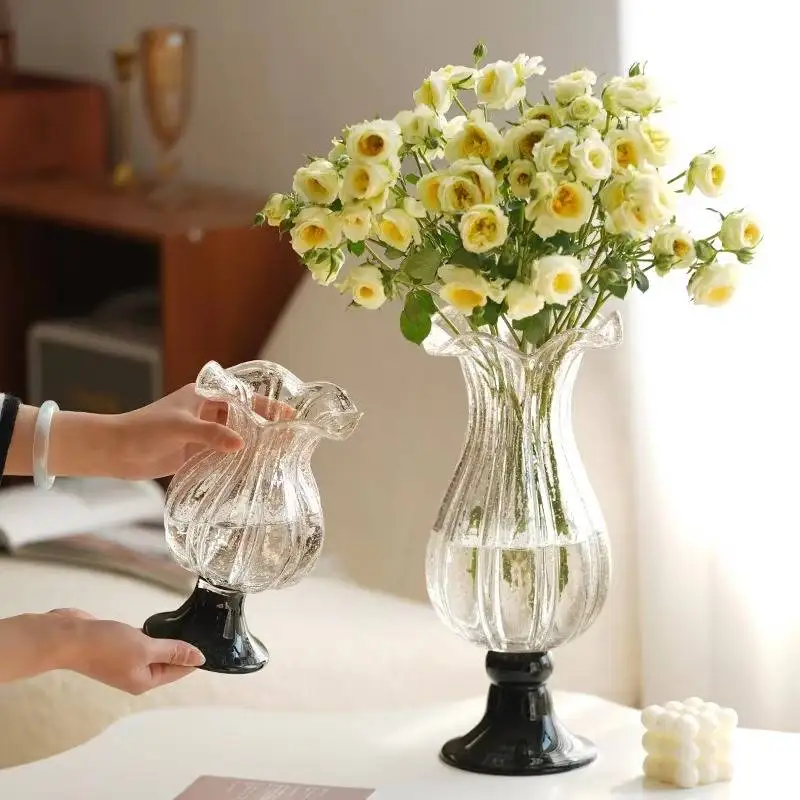 High Footed Glass Vase Artistic Flower Vessels Sprinkled Gold Hydroponic Vase Dried Flower Vases