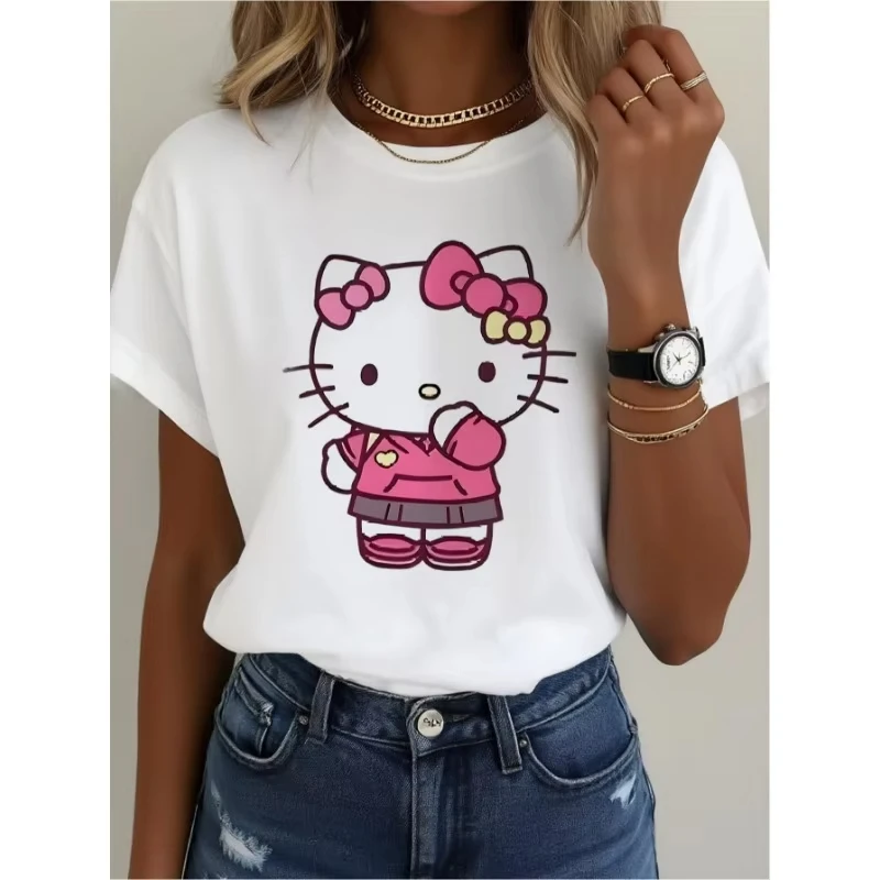 

Женская футболка Sanrio большого размера с короткими рукавами Hello Kitty и милым розовым узором, повседневные топы с принтом на весну, лето и осень