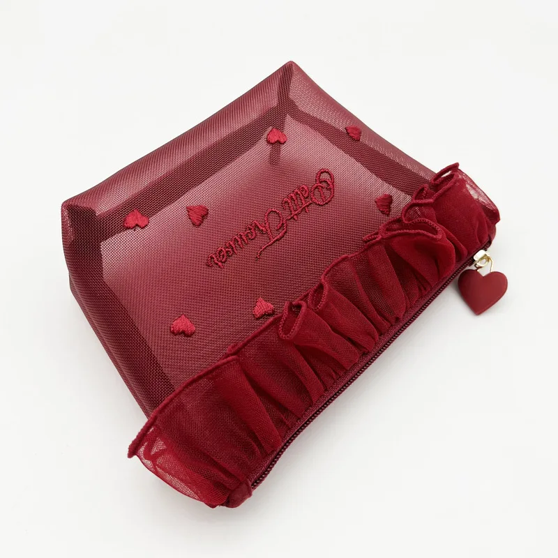 1Pc Ins Style Girl Mesh Love Embroidery Portable Makeup Bag Cute Tissue Pack Makeup Storage Bag