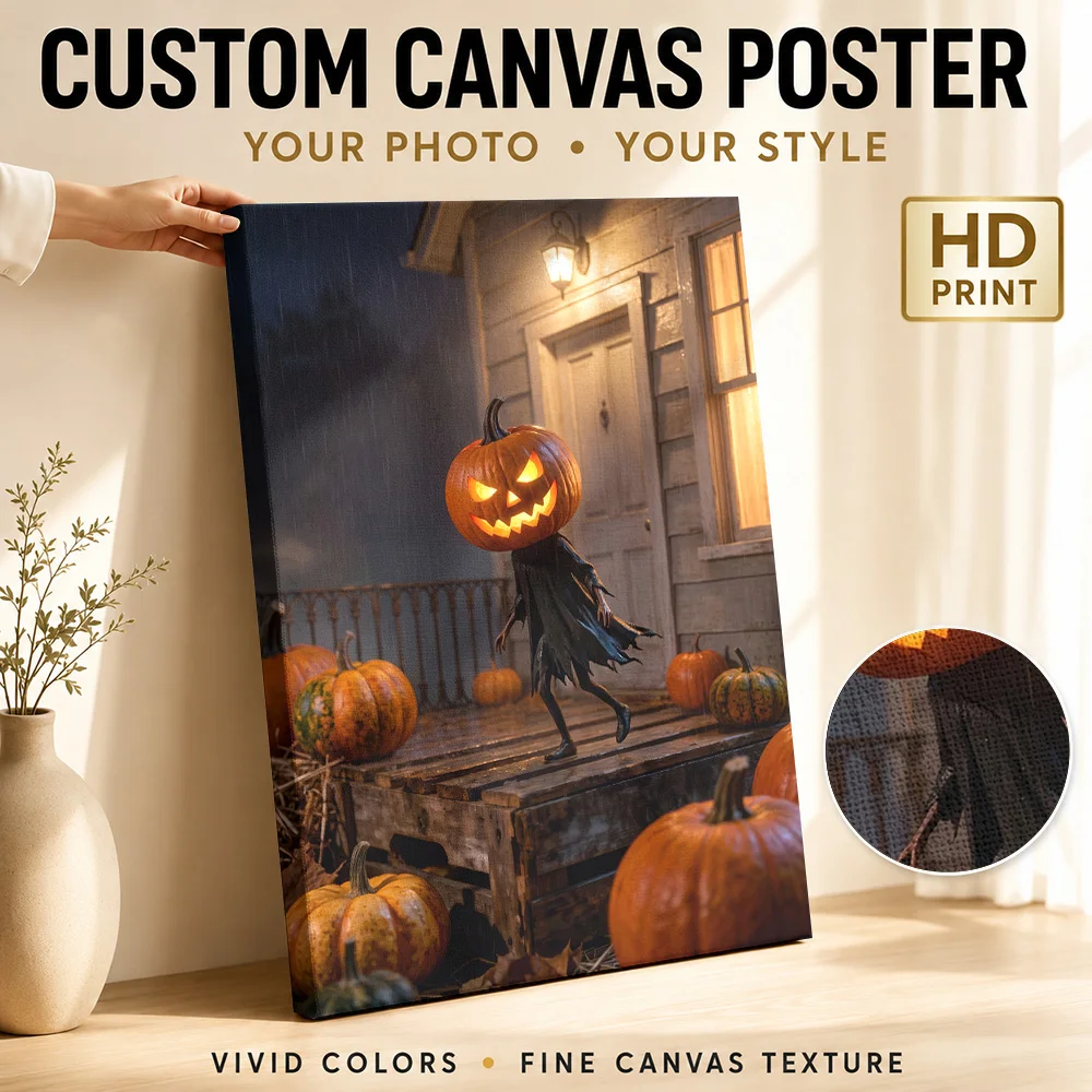 Halloween Pumpkin Head Creature Wood Framed Canvas Poster Customized Photo Spooky Illustration Wall Art For Bedroom Holiday Gift