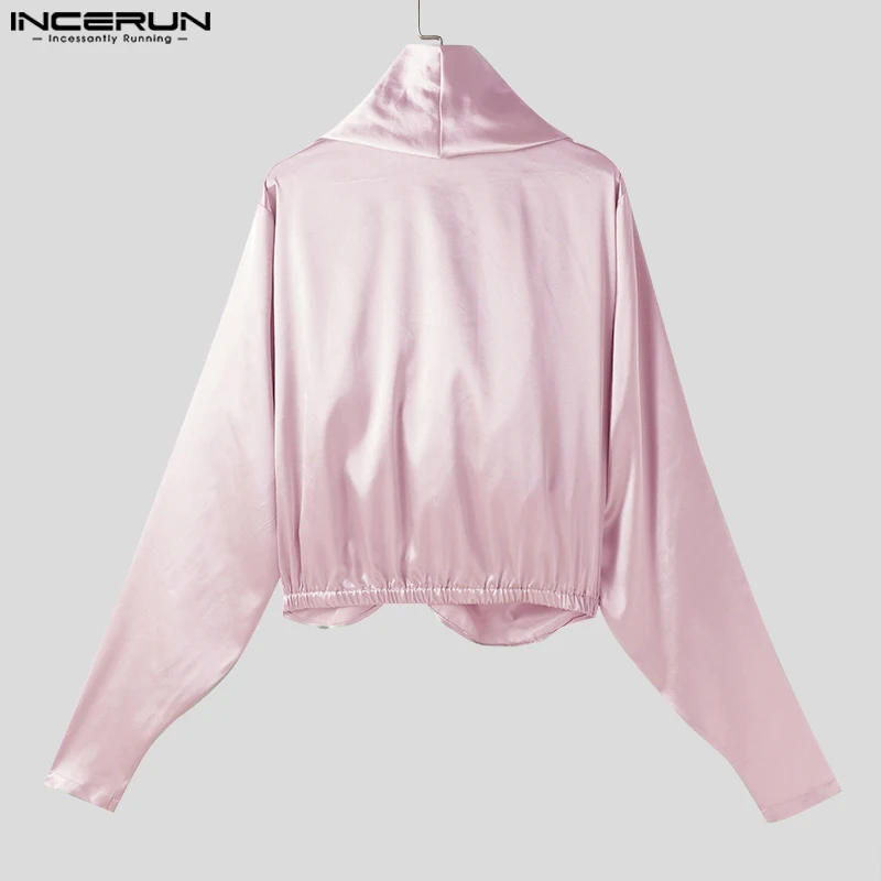 INCERUN Men Shirt Solid Color V Neck Long Sleeve Pleated Satin Casual Male Irregular Shirts Streetwear 2024 Fashion Crop Tops