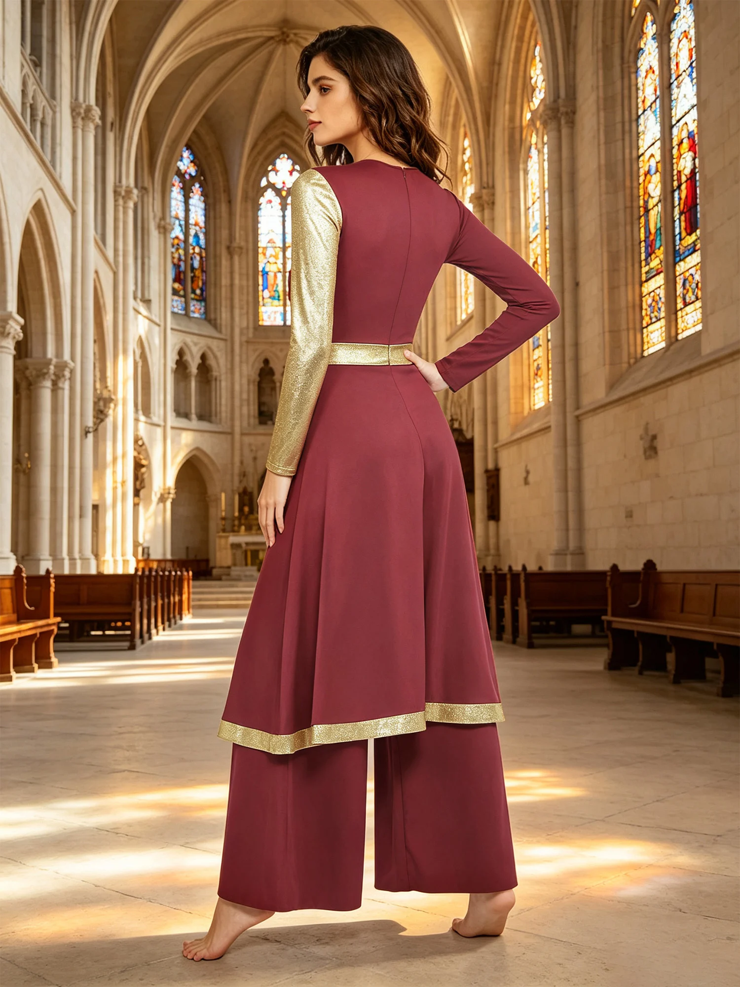 Women Long Sleeve Metallic Shiny Zipper Worship Liturgical Wide-leg Jumpsuit Dress Praise Lyrical Dance Church Choir Dancewear