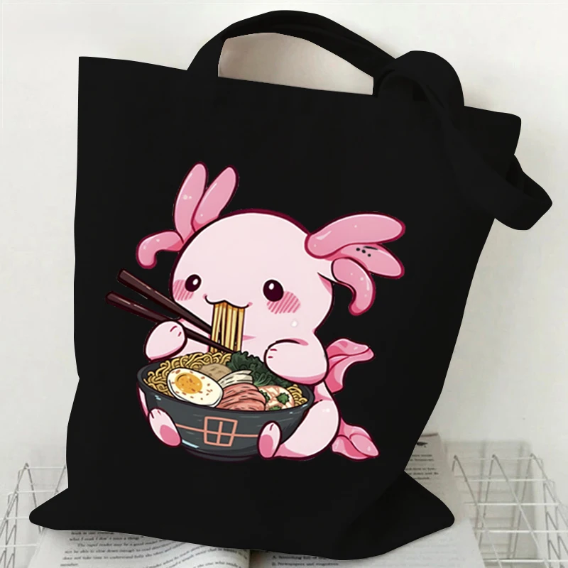 Canvas Women's Bag Large Capacity Shoulder Bag Cute Axolotl Eating Japanese Ramen Noodles Anime Cartoon Student Handbag Shopping