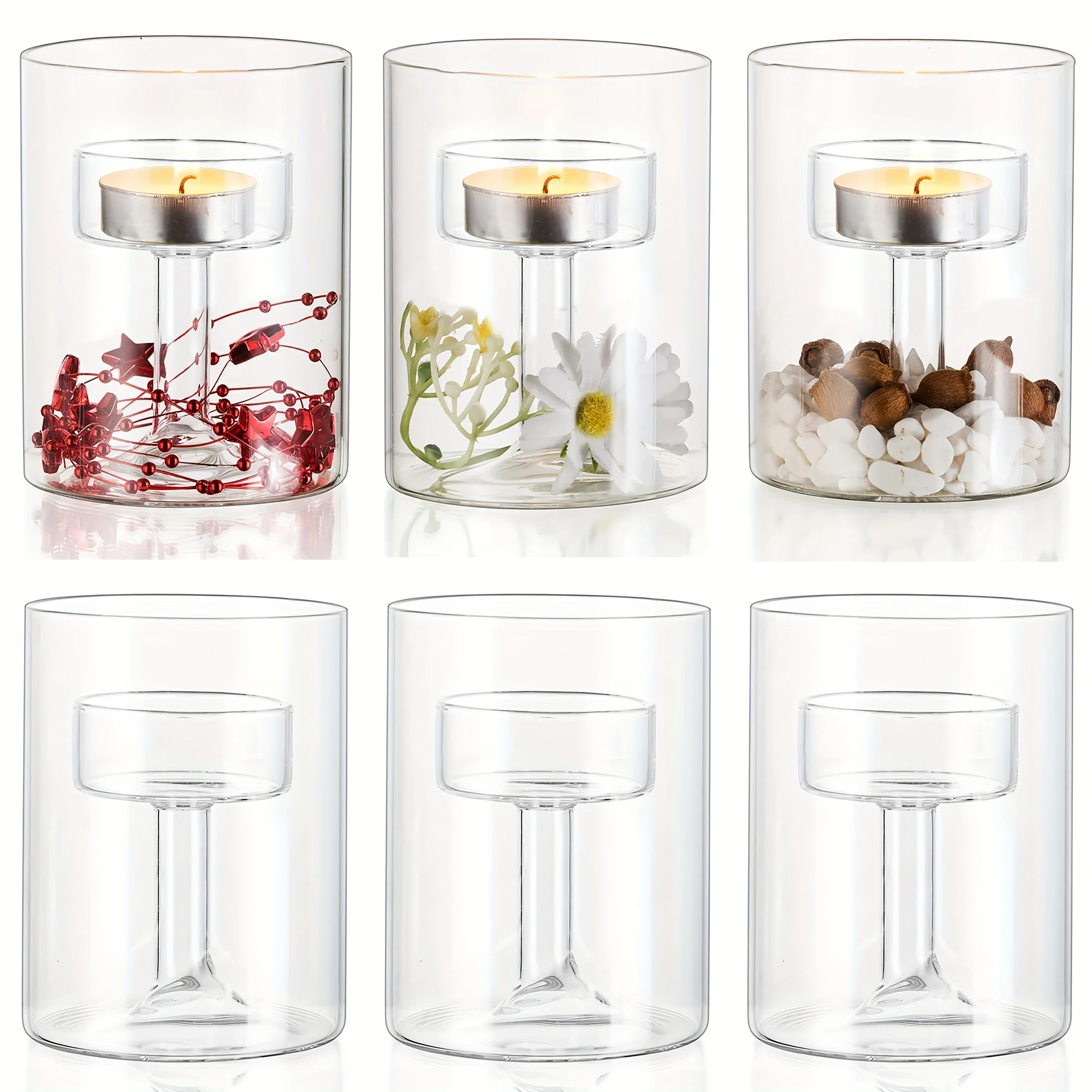 6pcs Set Glass Candle Holder Centerpieces Tabletop Transparent Hurricane Tealight Holders for Dining Wedding Party Home Decor