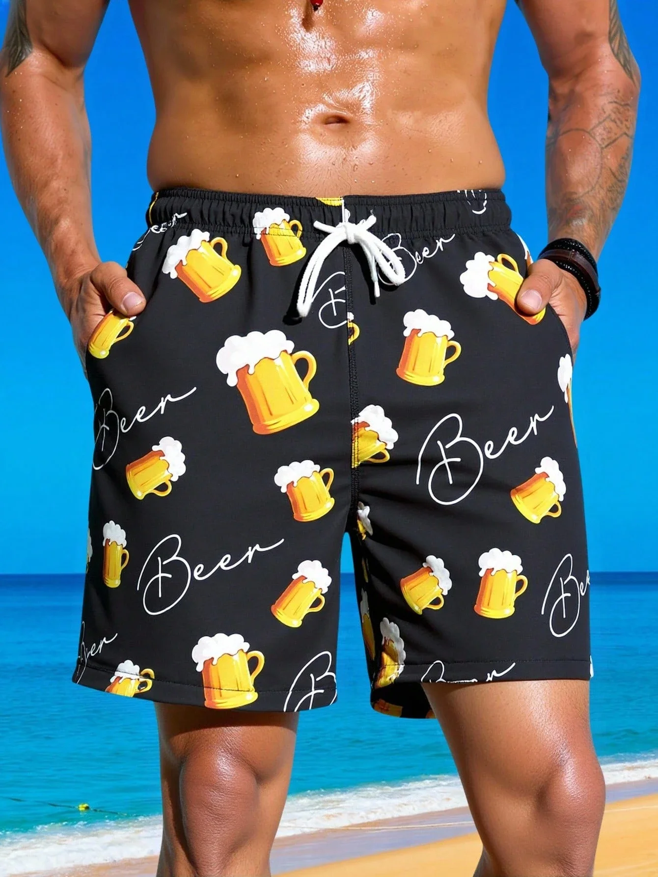

Mens Beer Mug Pattern Drawstring Beach Shorts Casual Swim Trunks For Vacation
