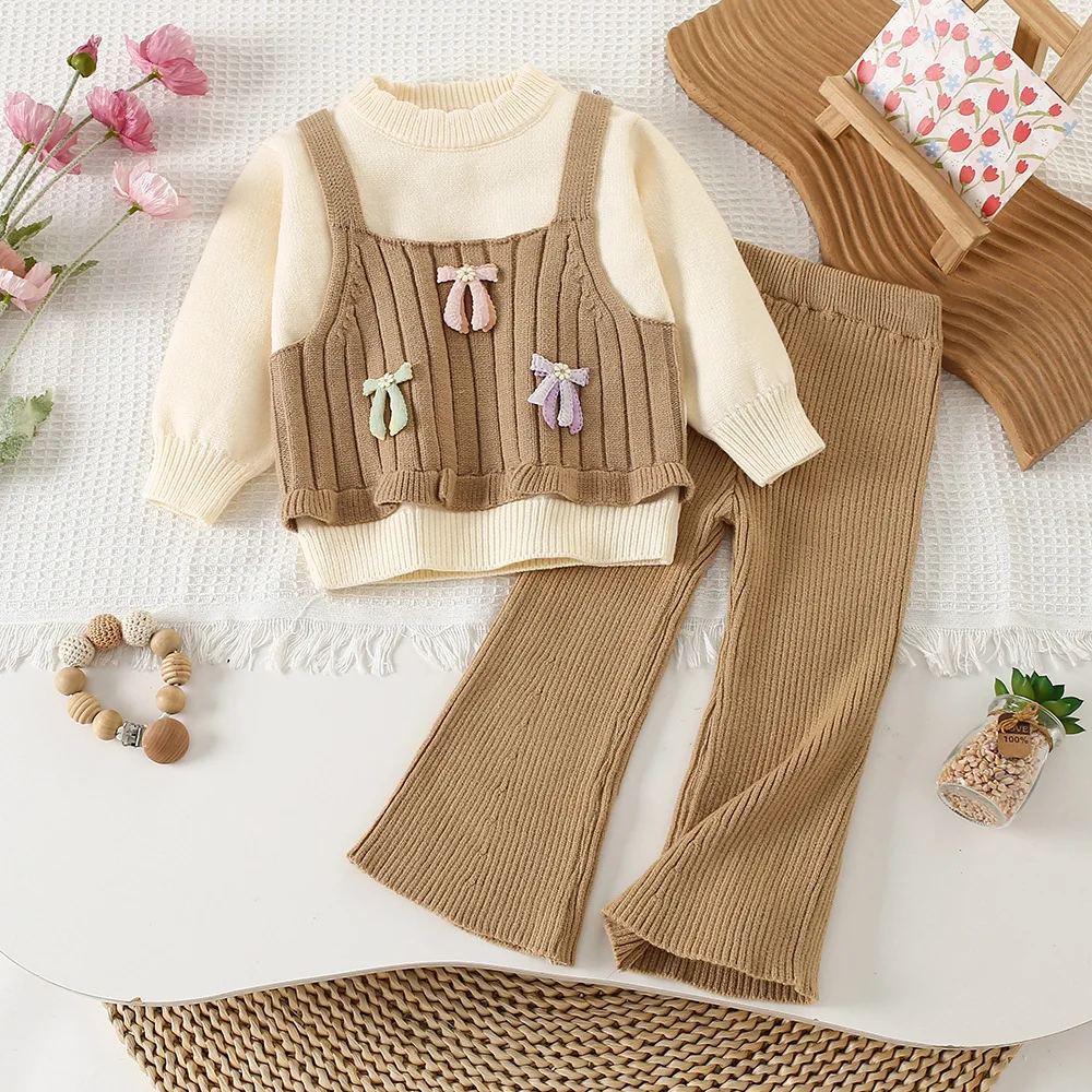 الفتيات البلوز دعوى الخريف الشتاء جديد طفلة ثلاثة فراشة قطعتين محبوك السراويل النسخة الكورية الحلو Tops90-130cm #5