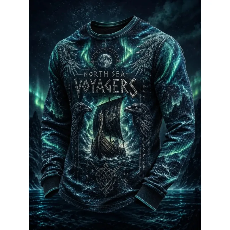 Men's North Sea Voyagers Viking Sweatshirt, Norse Raven & Viking Longship Aurora All Over 3DPrint Crewneck Long Sleeve Casual