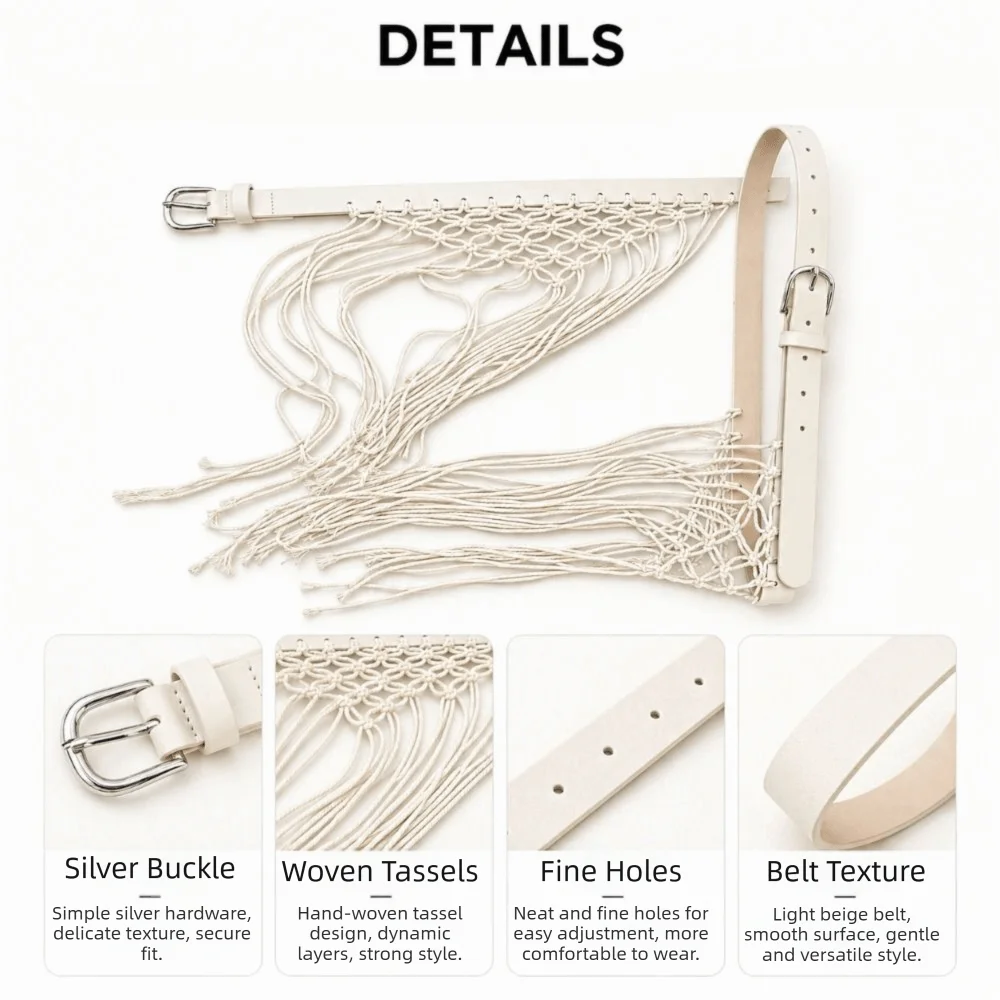 Vintage Y2K Tassel Weave Belts Boho Mesh Bohemian Style Belts Knitted Rope Ethnic Style Woven Tassel Waistband Jeans Decorative