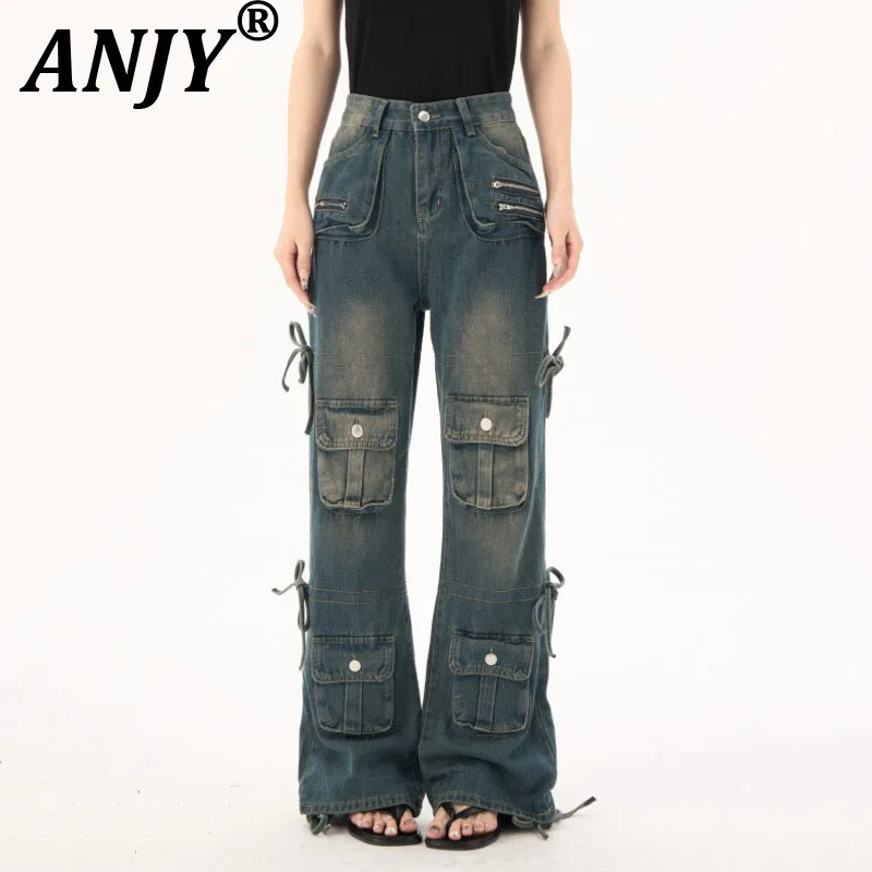 

ANJY Autumn New Women American Retro Cargo Jeans Multi-pocket Distressed Straight Safari Style High Street Y2K Denim Pants A8889