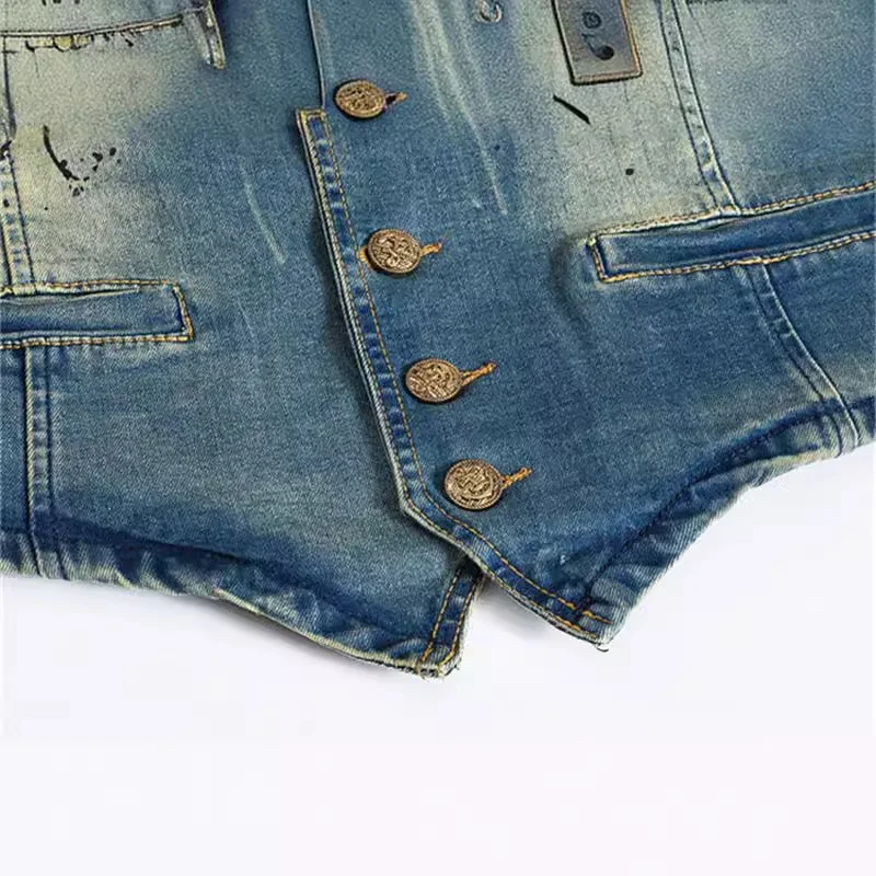 ربيع الخريف جديد أزياء الرجال الخامس الرقبة رش الحبر خمر الأزرق أكمام جان سترة عارضة العصرية سترة جينز معطف الشارع الشهير #3