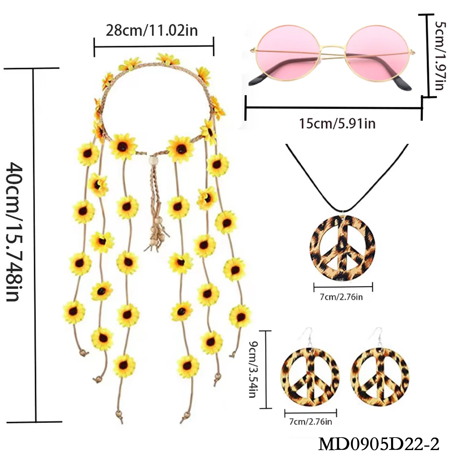 PESENAR jaren 1960 retro 3-delige set: bloem choker, vredesteken sieraden en ronde roze zonnebril voor themafeesten uit de jaren 60
