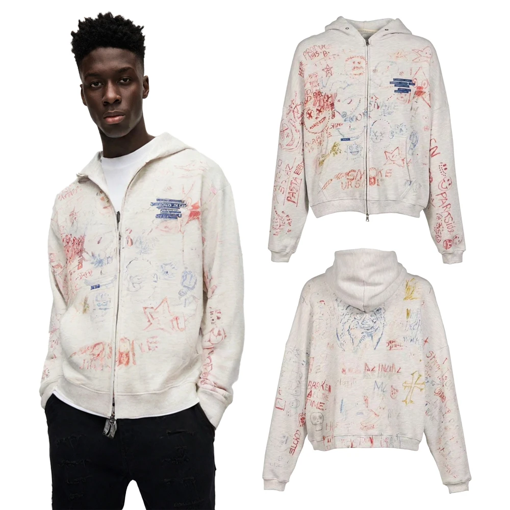Y2k Streetwear Graffiti Print Zip Up Hoodies Hip Hop Street Style Heavy Weight Cotton Vintage Distressed Casual Clothing Hoodies