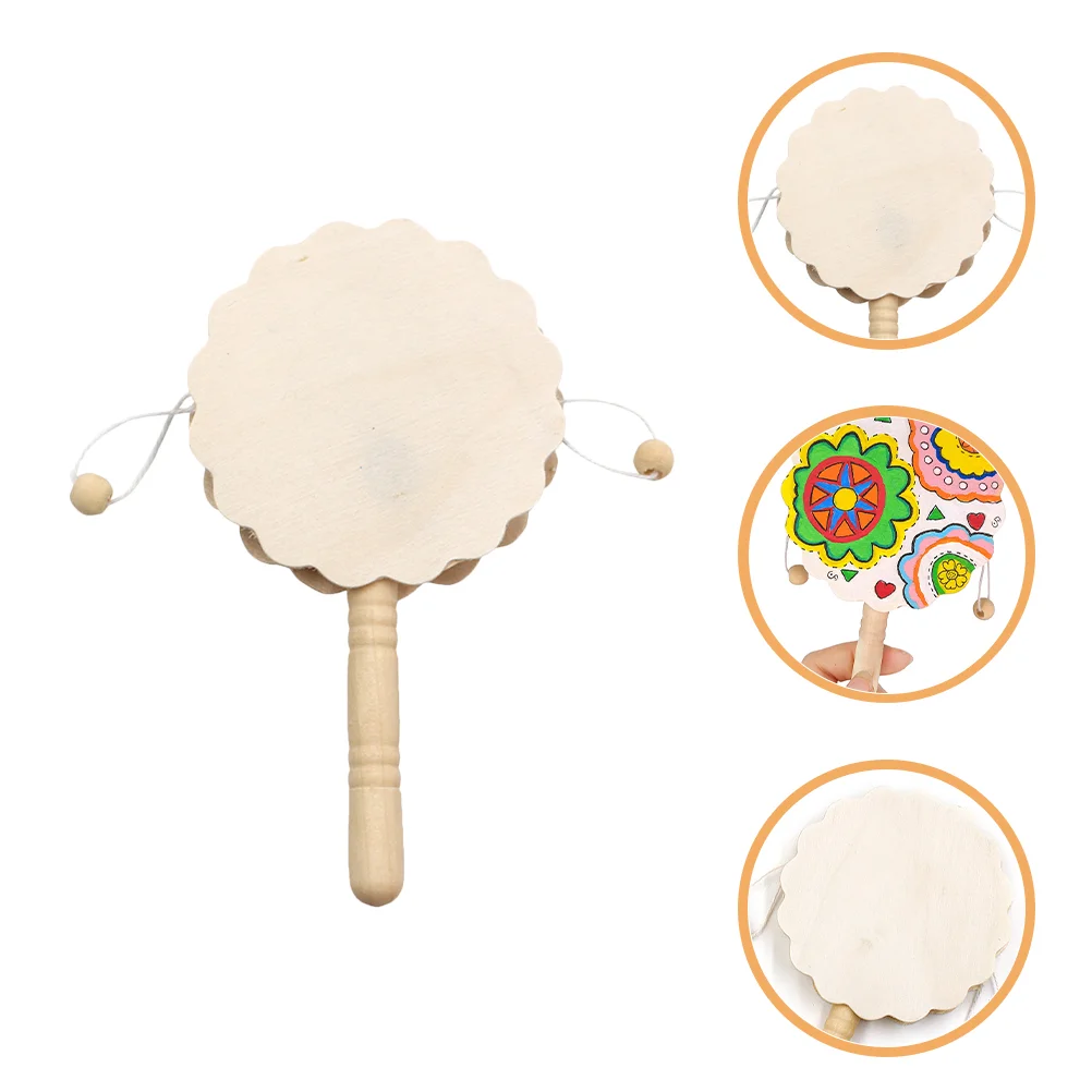 3 Pcs Children's Handmade Toys DIY Painting Rattle-drum Wood Model Blank Decorations Ornaments Maple Supplies Painted Baby