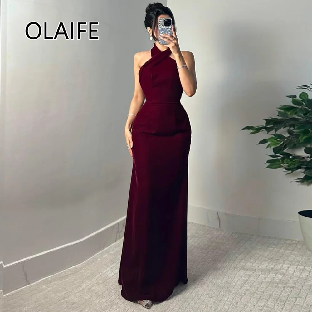 Halter Satin Solid Sleeveless Prom Bridesmaid Dress Sheath Sexy Backless Floor-Length Evening Saudi Arab Gown Customized