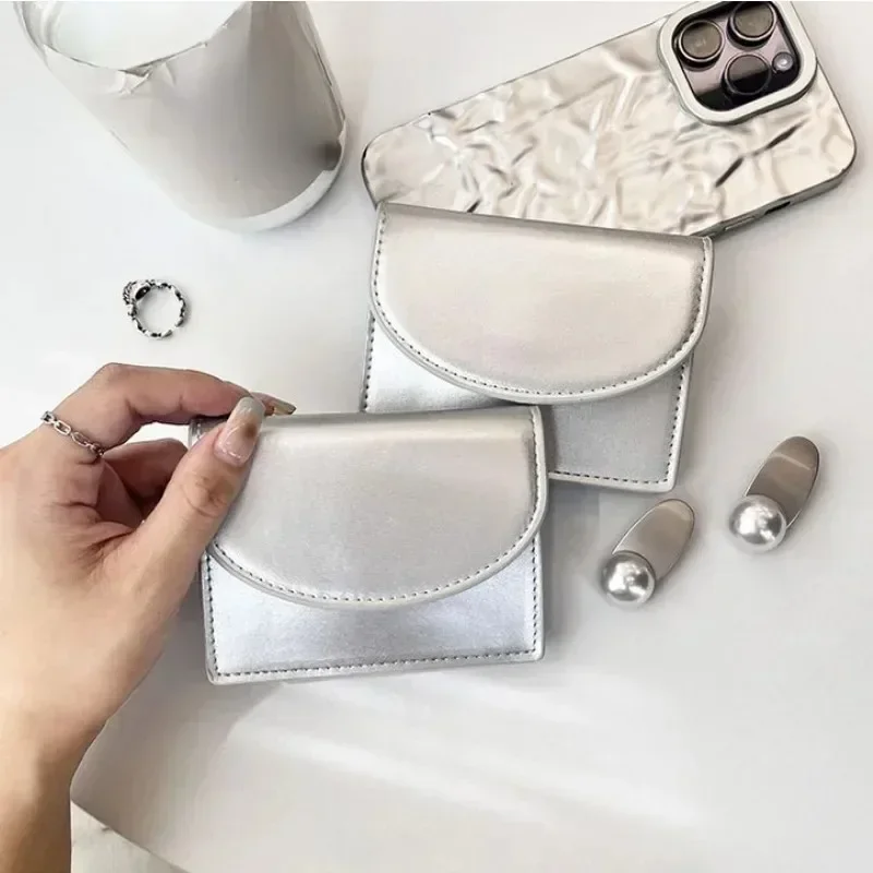 New Fashion Simple PU Zipper Wallet for Women Portable Cover Type Coin Purse Coin Bag Multi-card Slot Silver Card Holder Pouch