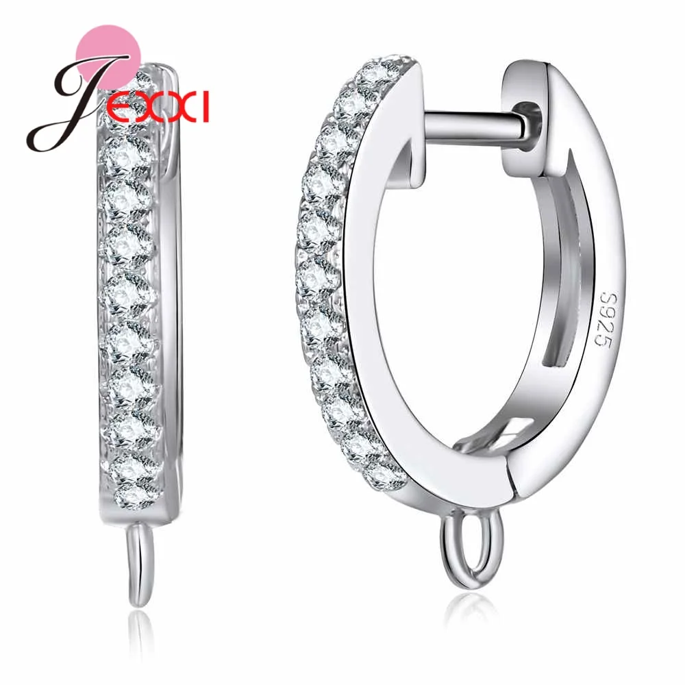 Classic Round Shape Setting White Crystals 925 Sterling Silver Color Hoop Earrings Party Accessories Finding For DIY Jewelry