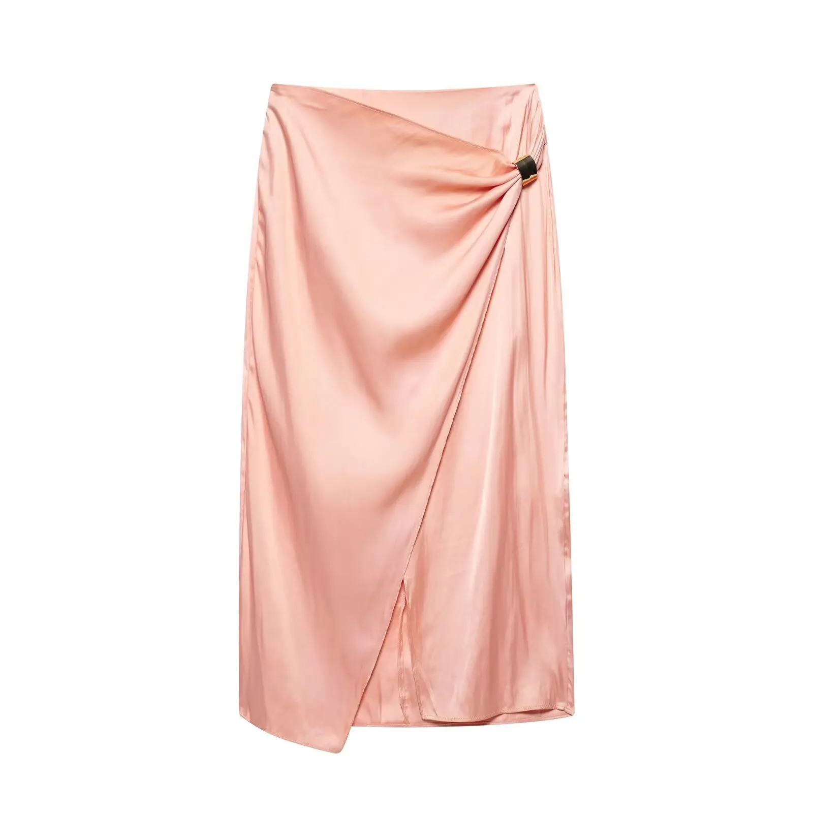 

Elegant Women Holiday Wind Solid Color Gloden Metal Wrapped Skirt Faldas Mujer Female Summer Back Zipper Midi Skirts QUN9017