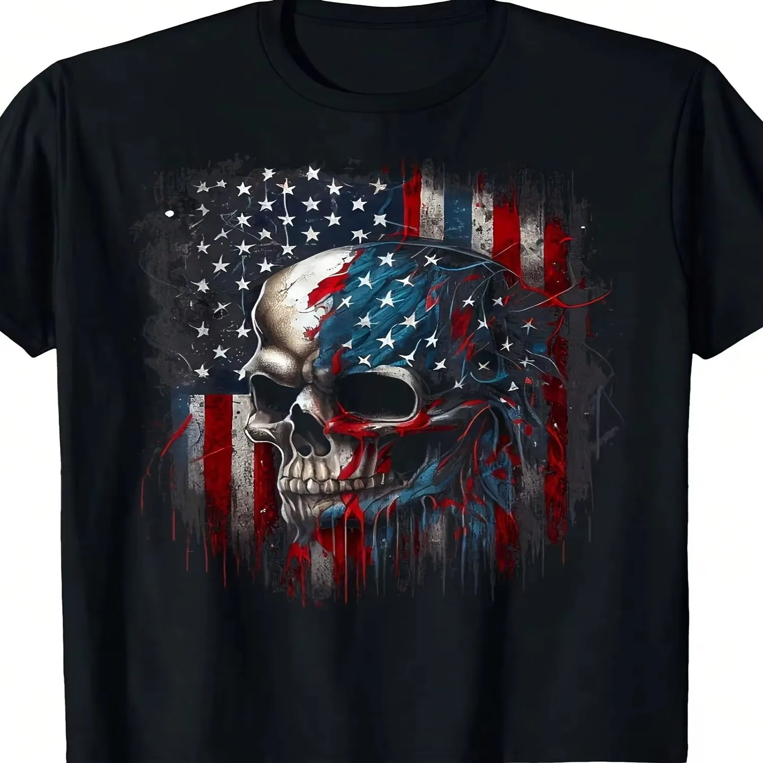 Patriotic Skull Pattern Black T-Shirt _ Bold American-Style Design Featuring The American Flag, With A Striking Edge-To-Edge Style, Perfect For Casual Wear And Individual Fashion It's An Excel lightweight tshirt, unisex t-shirt