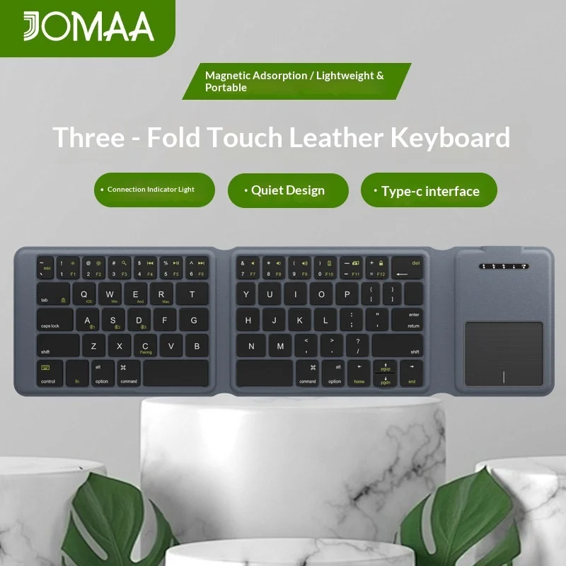 JOMAA External Bluetooth Foldable Keyboard Touchpad Leather Ultra Slim Portable Rechargeable Mute Type C For Tablet Phone Office