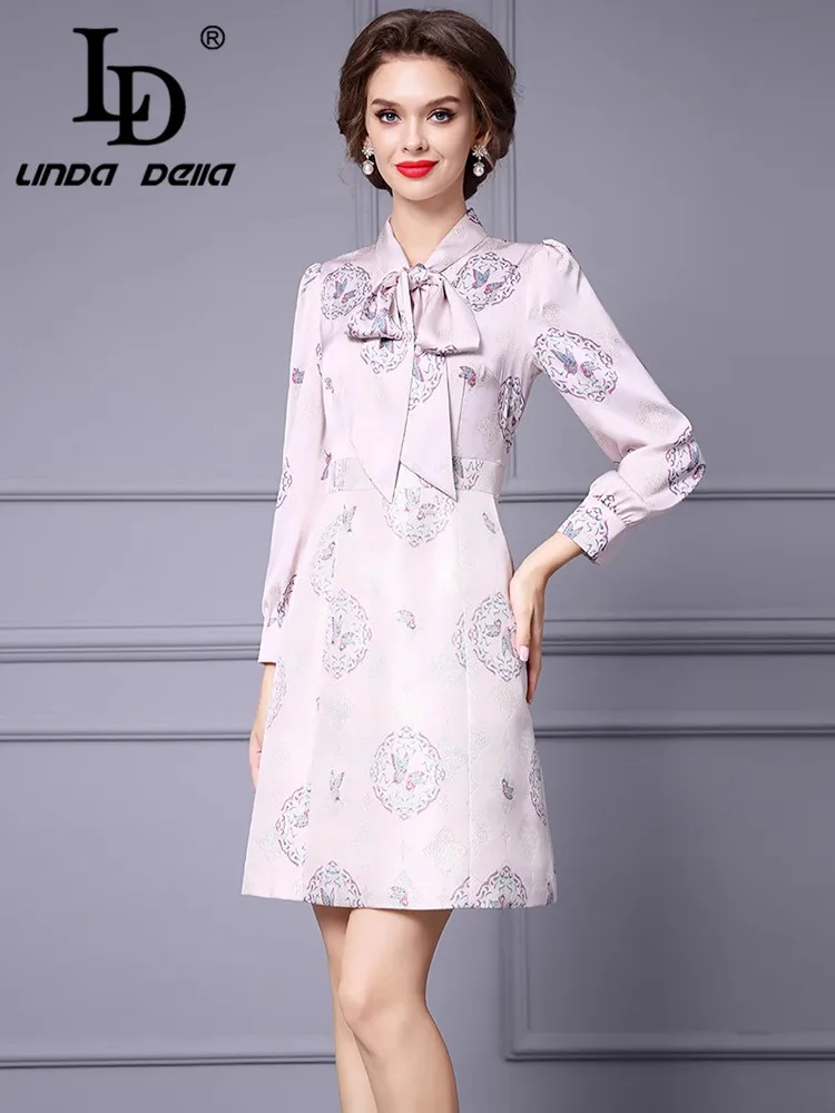 LD LINDA DELLA Autumn Winter Women\'s Dress Scarf Collar Bow Fashion Lantern Sleeved Pretty Slim Elegant Mini Dress