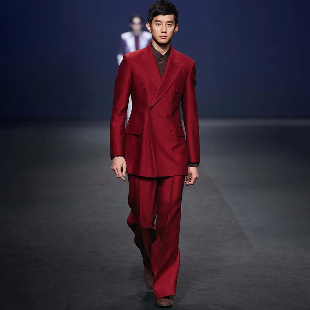 

Customized Evening Men's Suits Formal Double Breasted Peak Lapel 2 Piece Jacket Pants High Quality Wedding Outfits Costume