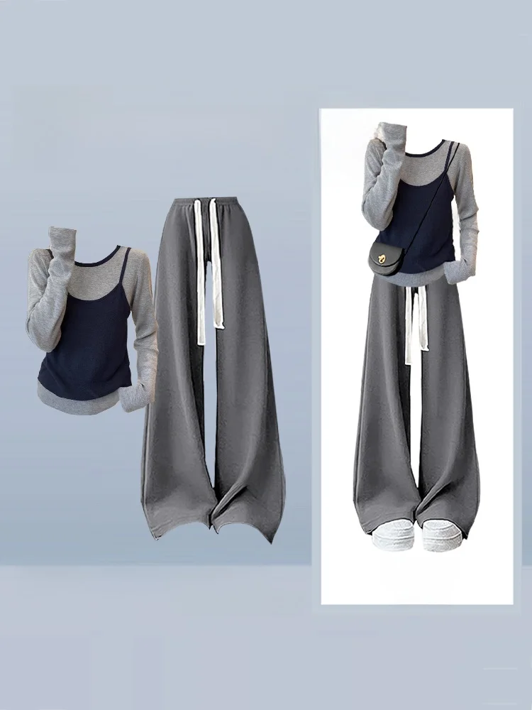 

Комплект для полных женщин: зимний повседневный костюм из двух предметов – топ с длинным рукавом и брюки с широкими штанинами. Элегантный и простой образ.