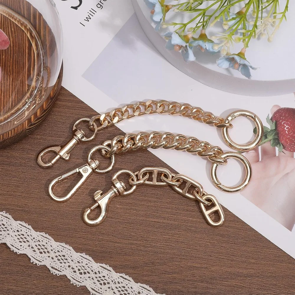 3Pcs 3Styles Alloy Link Chain Bag Purse Strap Extender with Swivel Clasps for Purse Clutch Bag Replacement Accessoies Golden