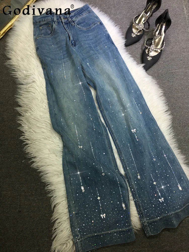 Jean droit taille haute en coton bleu clair pour fille, pantalon élastique à jambes larges, diamant chaud, industrie lourde américaine, nouvelle collection printemps été