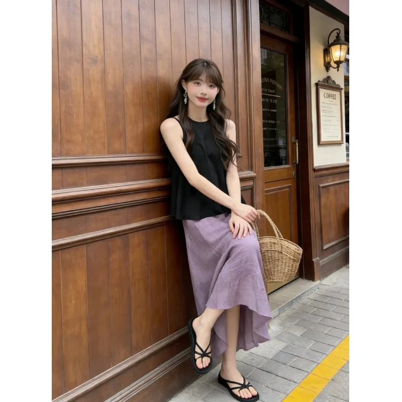 

Ретро-комплект: юбка миди с завышенной талией и приталенный жилет, женский летний модный комплект из двух предметов, шикарный наряд с глянцевой отделкой ручной работы, круглый вырез горловины