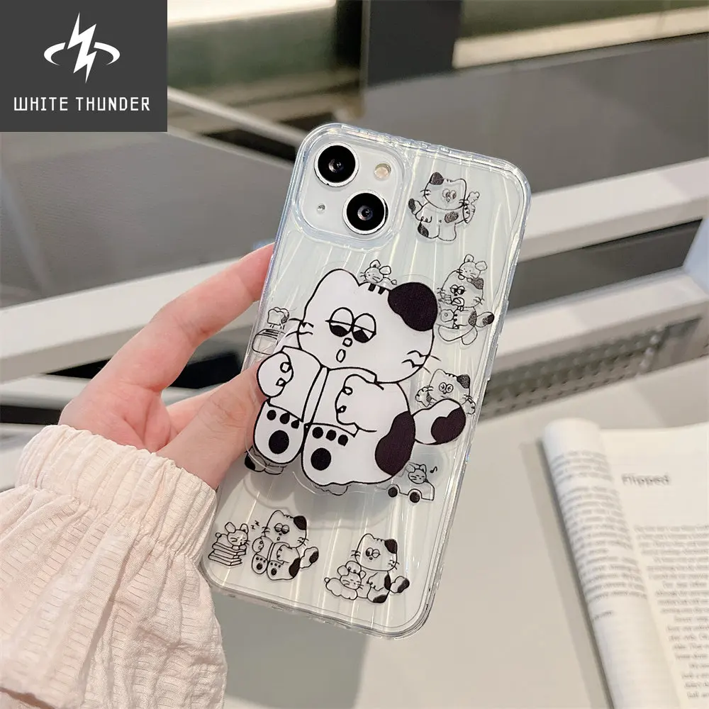 Cute Reading Cat Brushing Bear Bracket Folds Clear Soft Phone Case For IPhone 12 11 13 Pro Max 11 12 13 PRO Protective Cover