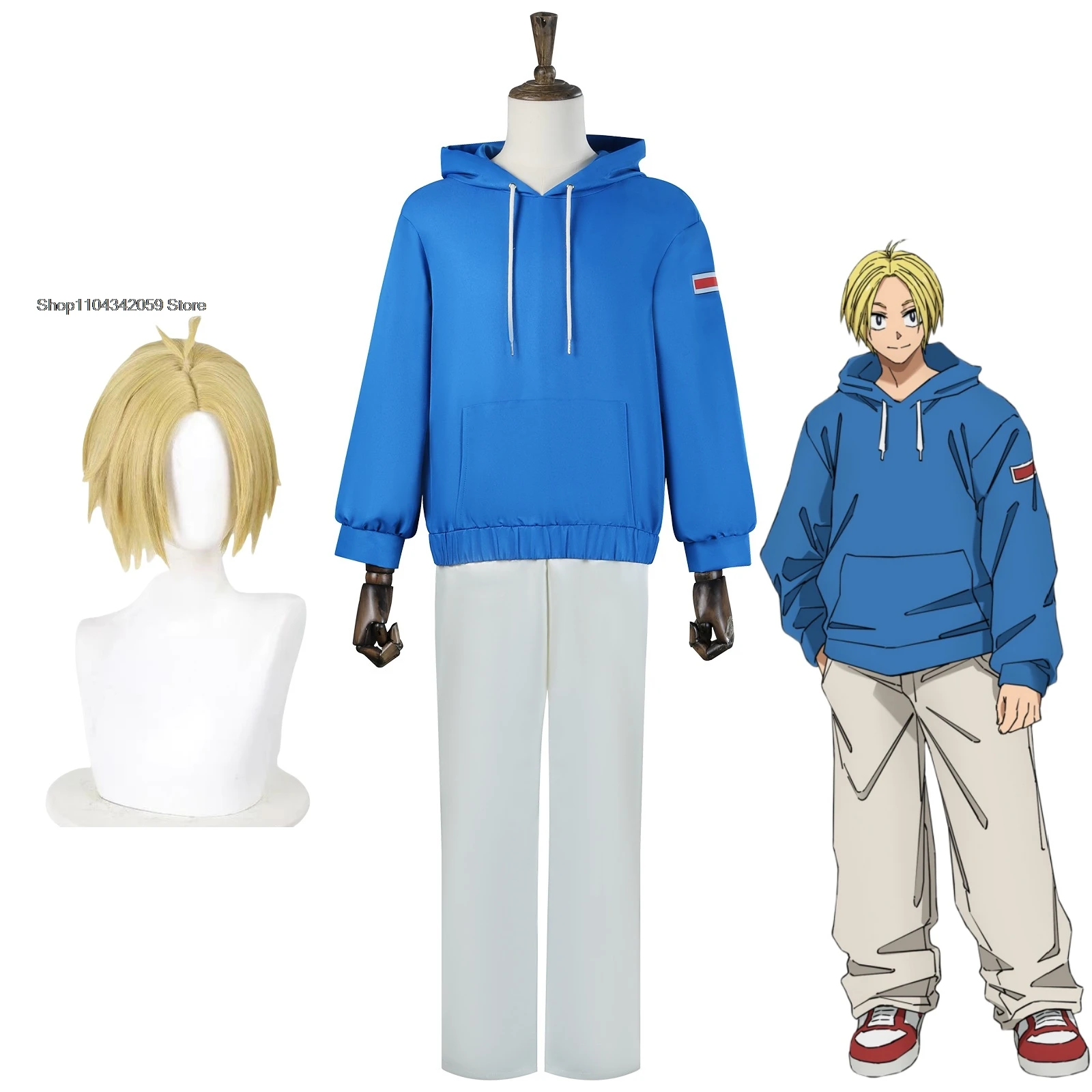 Shin Asakura Cosplay Costume Wig Anime Sakamoto Days Blue Sweatshirt Assassin Halloween Party  Men Props Accessory