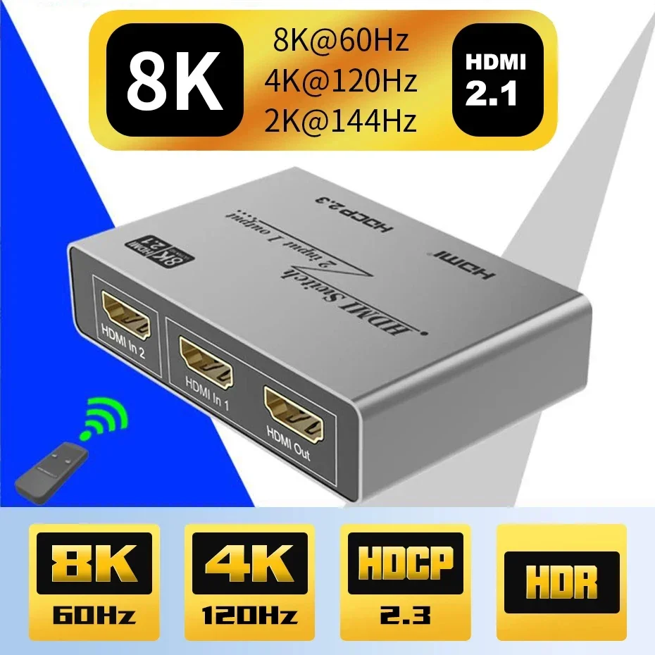 HDMI2.1 8K Switch 2 in 1 Out Display Video Converter 4K 120hz 1080p 60fps HDMI Switch for PS5 PS4 Camera Laptop PC To TV Monitor