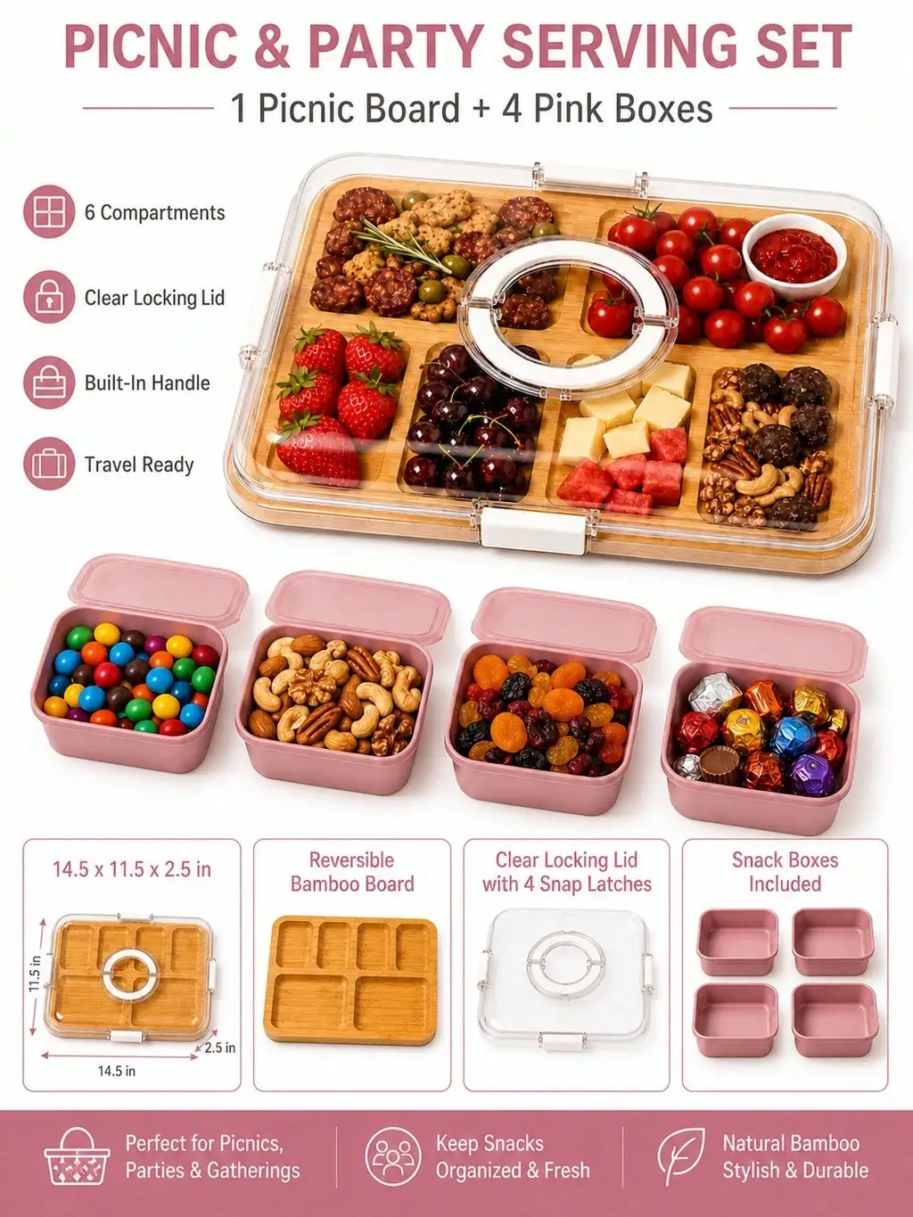 Travel Picnic Snack Board Set with Locking Lid, 6 Compartments and 4 Pink Food Containers