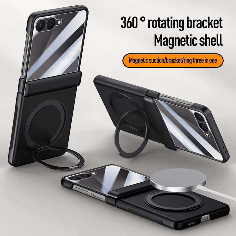 

360° Rotate Ring Holder Magnetic Tempered Glass Film Phone Case For Samsung Z Flip7 5G Slim Spring Hinge Wireless Charging Cover