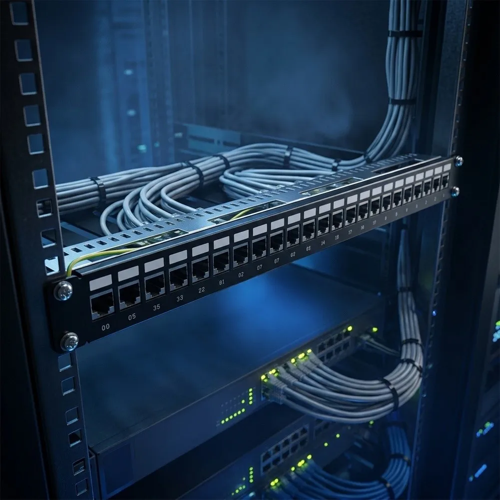 24 Port Shielded Network Patch Panel 1U Rackmount Metal Cable Management For Server Data Center Office Wiring System