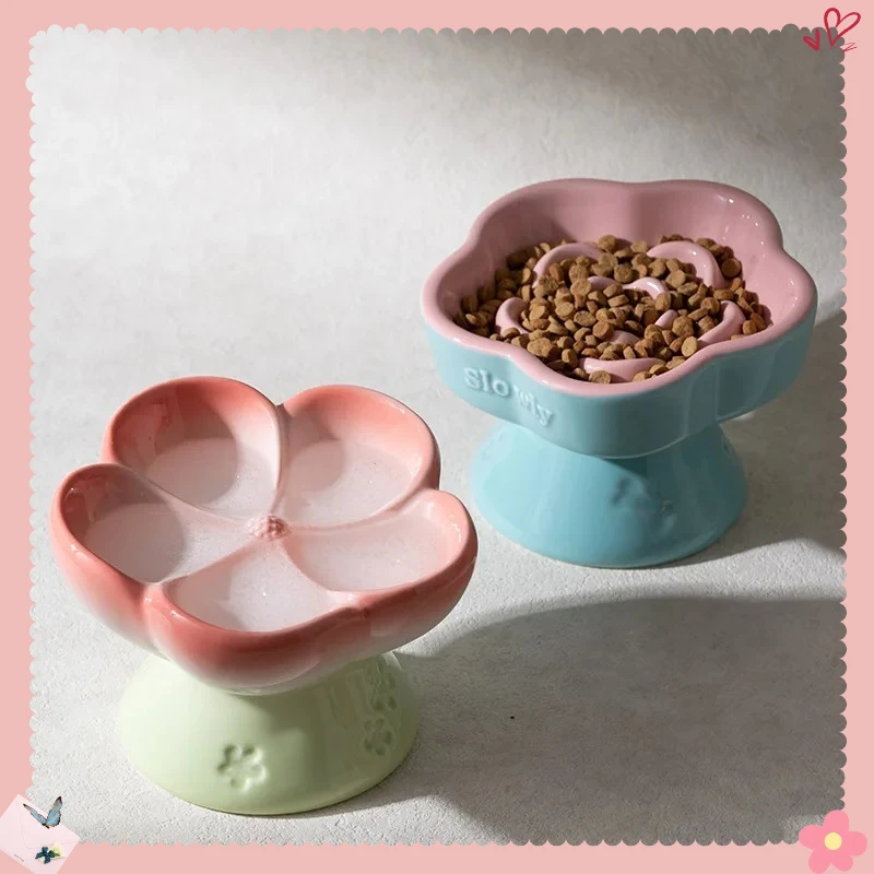 

High Foot Slow Feeder Cat Bowl Gradual Change Color Flower Shape Raised Cat Feeder 15 Degree Tilted Slow Down Eating Speed