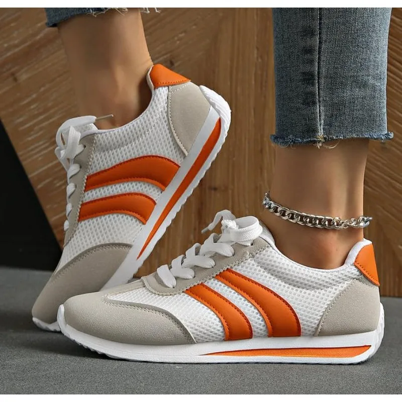 

Women's Lightweight Fashion Sneakers Comfort Non Slip Casual Sports Shoes Woman Orange Striped Mesh Breathable Platform Sneakers