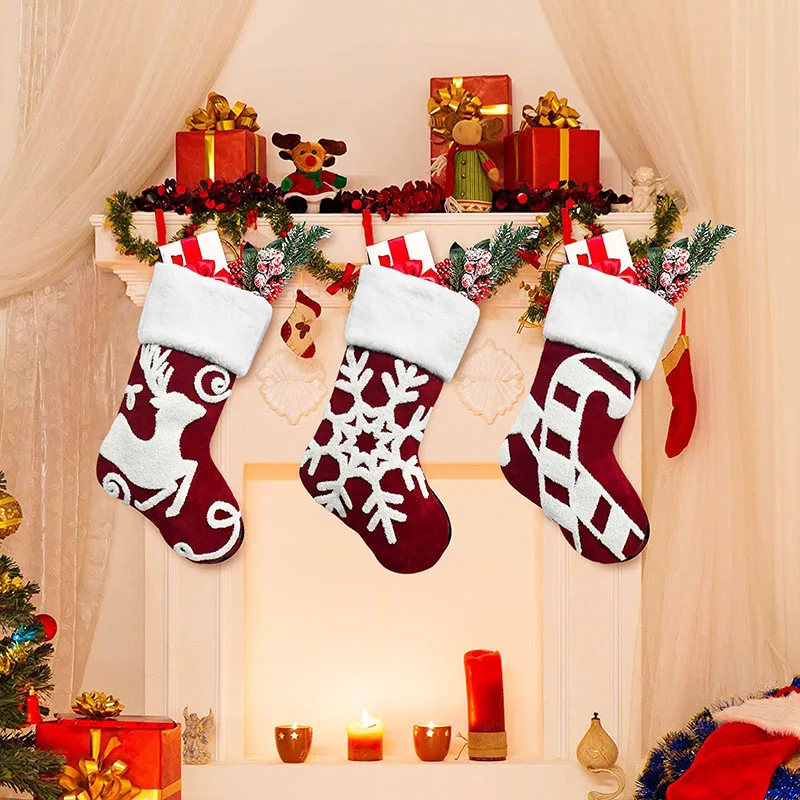 New Christmas Socks Gift Bag White Three Dimensional Embroidered Snowflake Sled Deer Christmas Socks Christmas Decorations