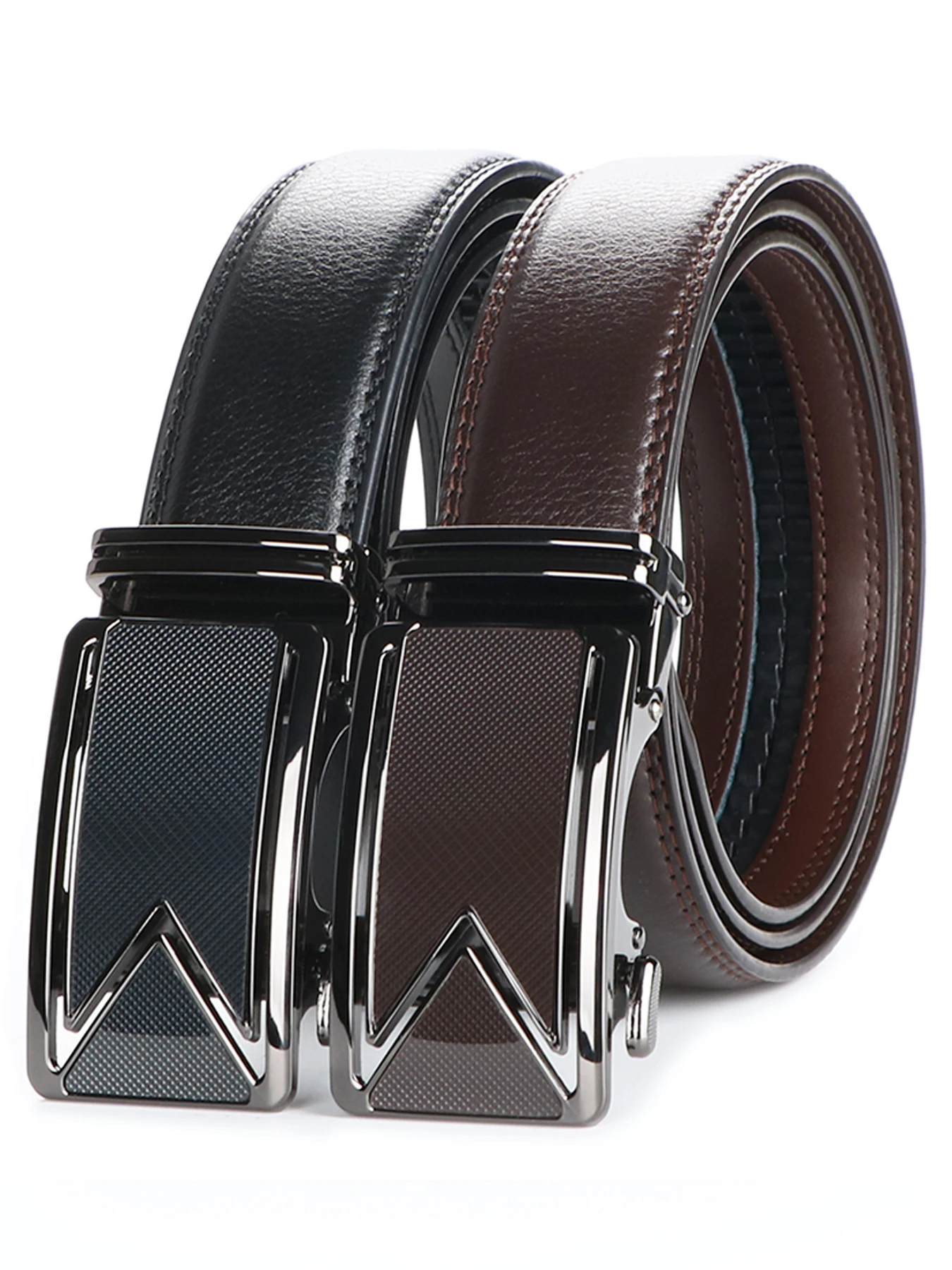 1pc Men’s Fashion Ratchet Belt Adorned With Distinctive Chevron Buckle With Grid Pattern Inlay, Supple Leather Strap