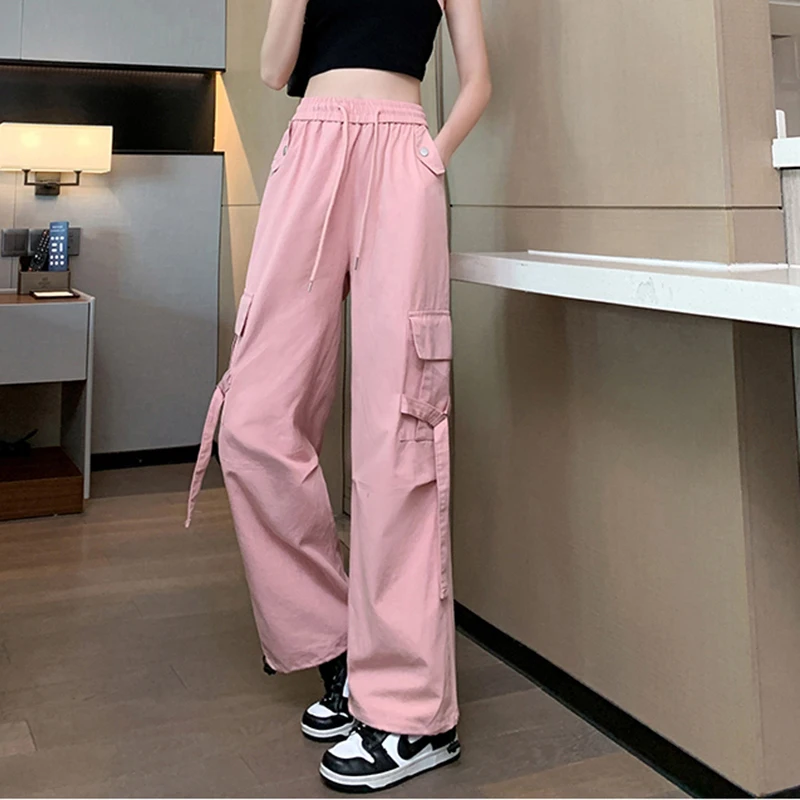 Gidyq Women Streetwear Cargo Pants American Style All Match Pocket Loose Wide Leg Pants Casual Female High Waist Trousers New