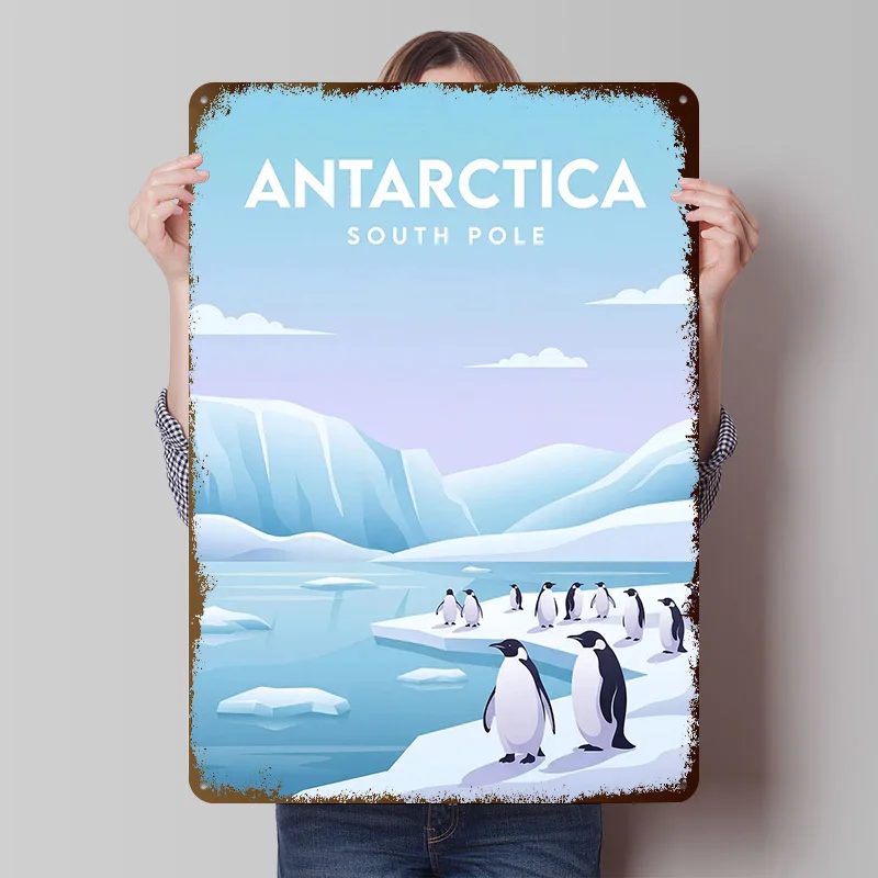 Antarctica South Pole Penguins Metal Poster Customized Wall Art Retro Vintage Metal Signs for Man Cave Office Decor Room House