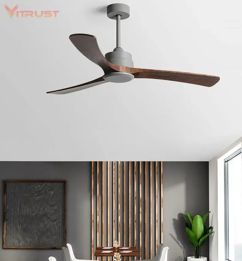 Walnut Wooden Ceiling Fan 3 Solid Wood Walnut Blades Noiseless Reversible Motor Ceiling Fan with Remote Control