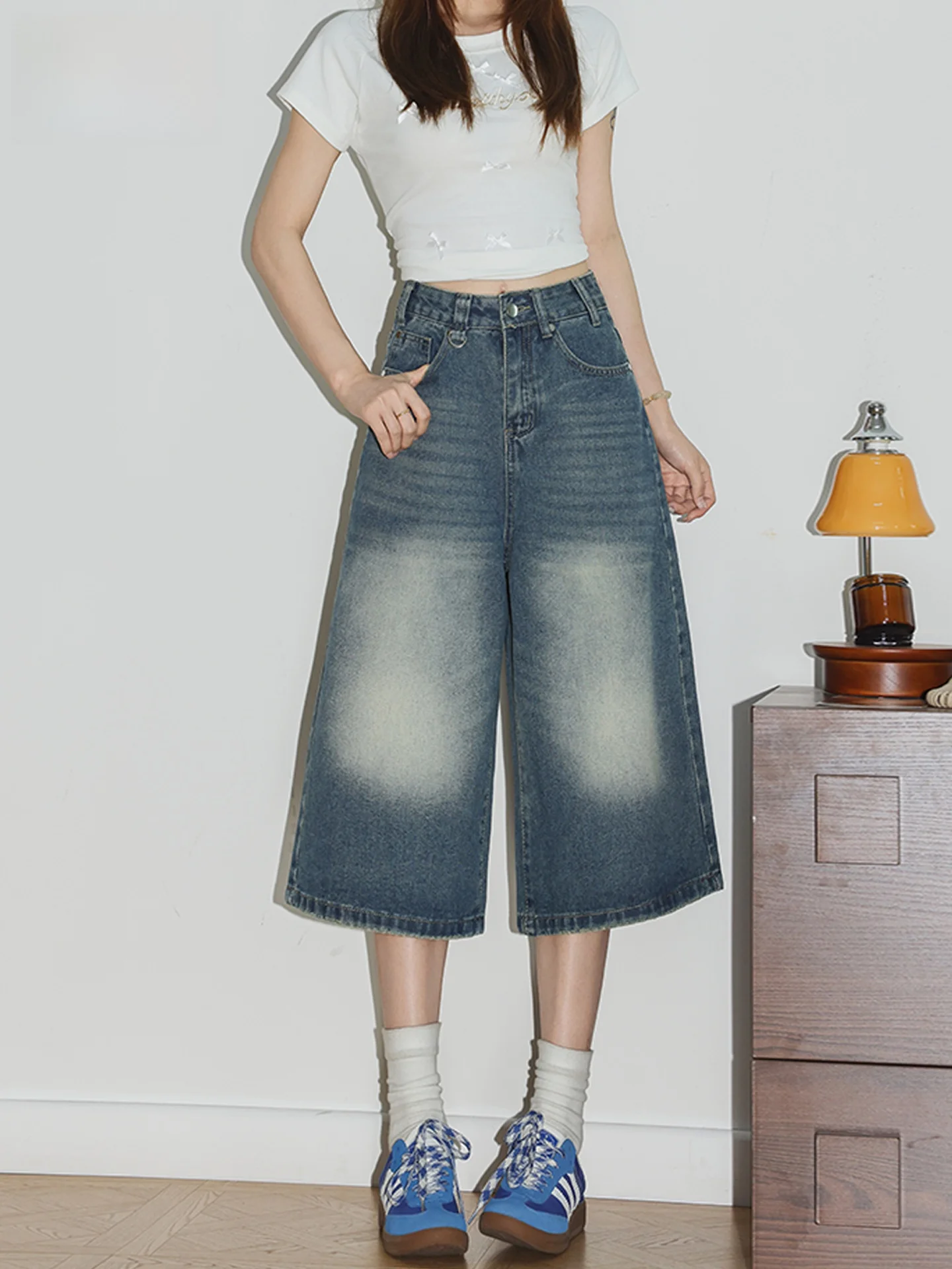 

Retro American Blue Denim Straight Leg Seven-Foot Pants Women's Summer Hot Girl Loose Slim Wide Leg Pants Casual High Waist B...