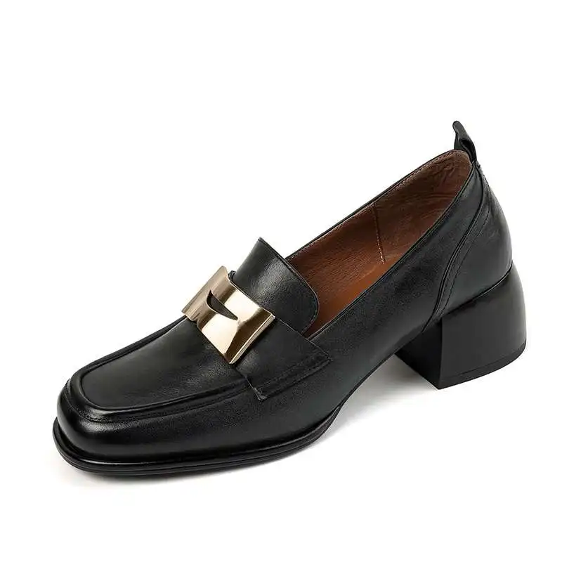 Krazing Pot 2023 Cow Leather Thick Heels Retro Spring Shoes Slip on Concise Loafers Brand Mature Elegant Office Lady Women Pumps